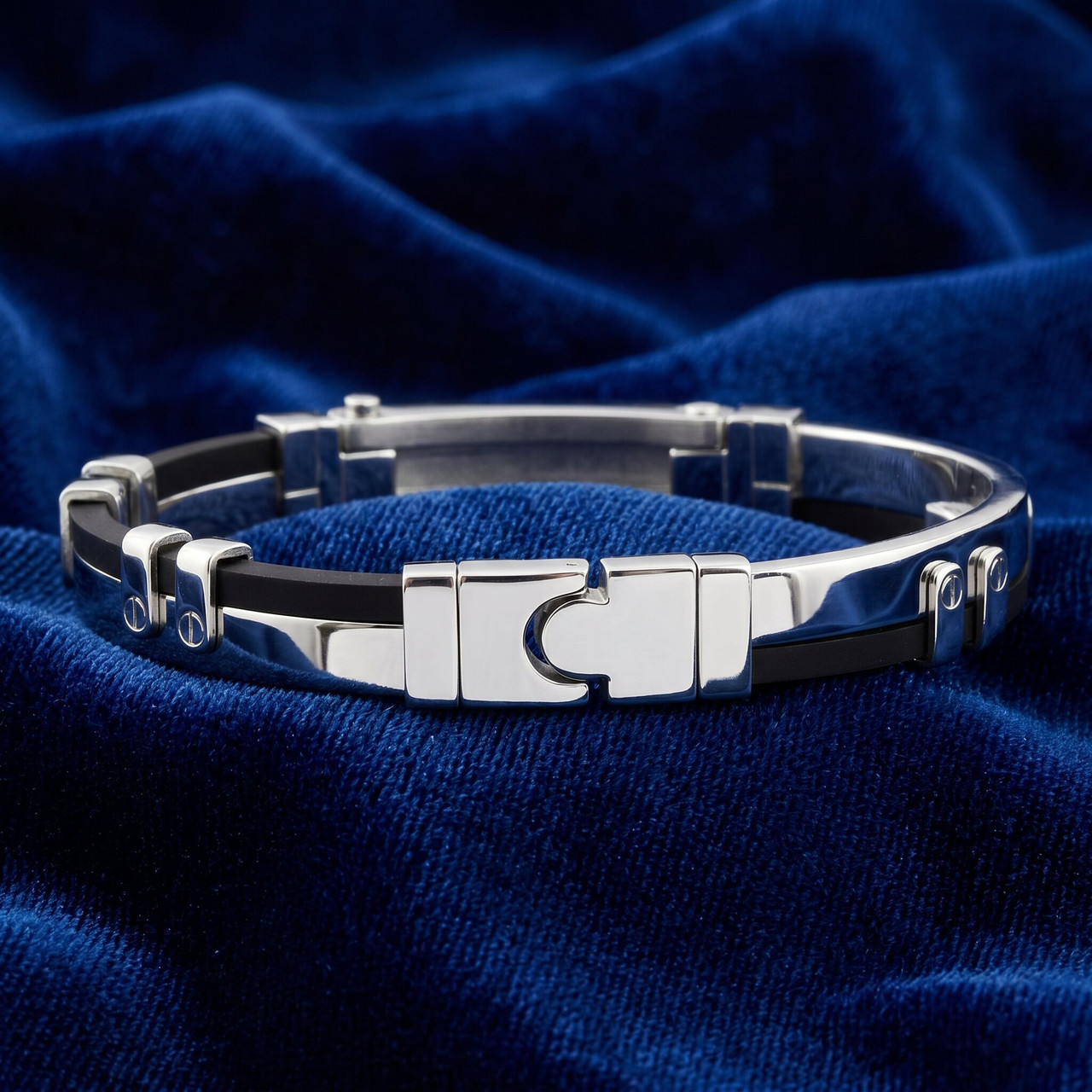 Men's Steel Polished Two Tone Black Latched 8" 11mm Cuffed Bracelet