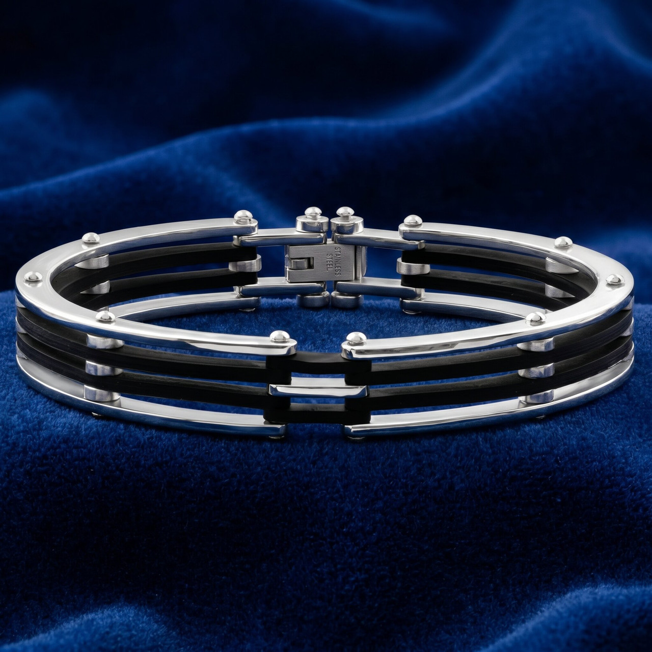 Men's Steel And Black Silicone Latched 8" 13.5mm " Cuffed Bracelet