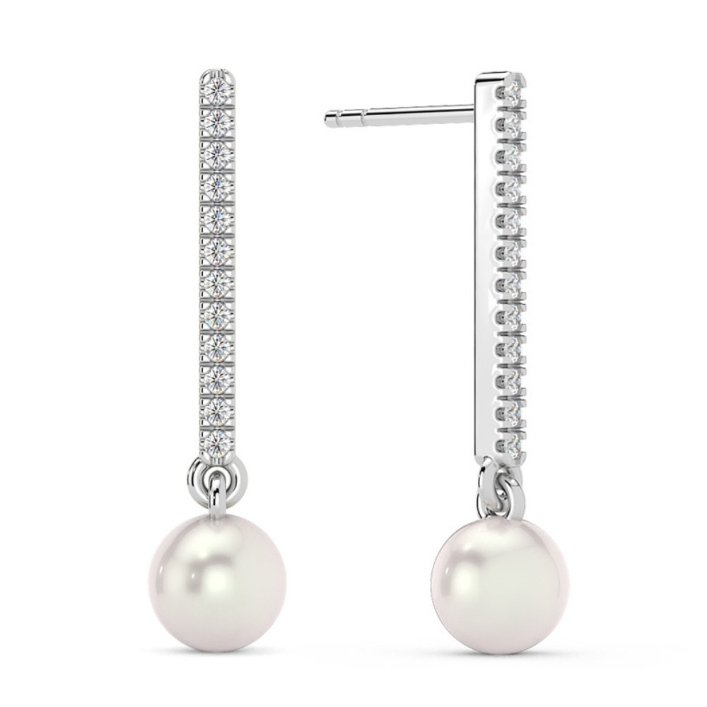 6mm Pearl & Diamond Dangle Earrings Women's 14k Gold Tennis Earrings Lab Grown (F-G, VS)