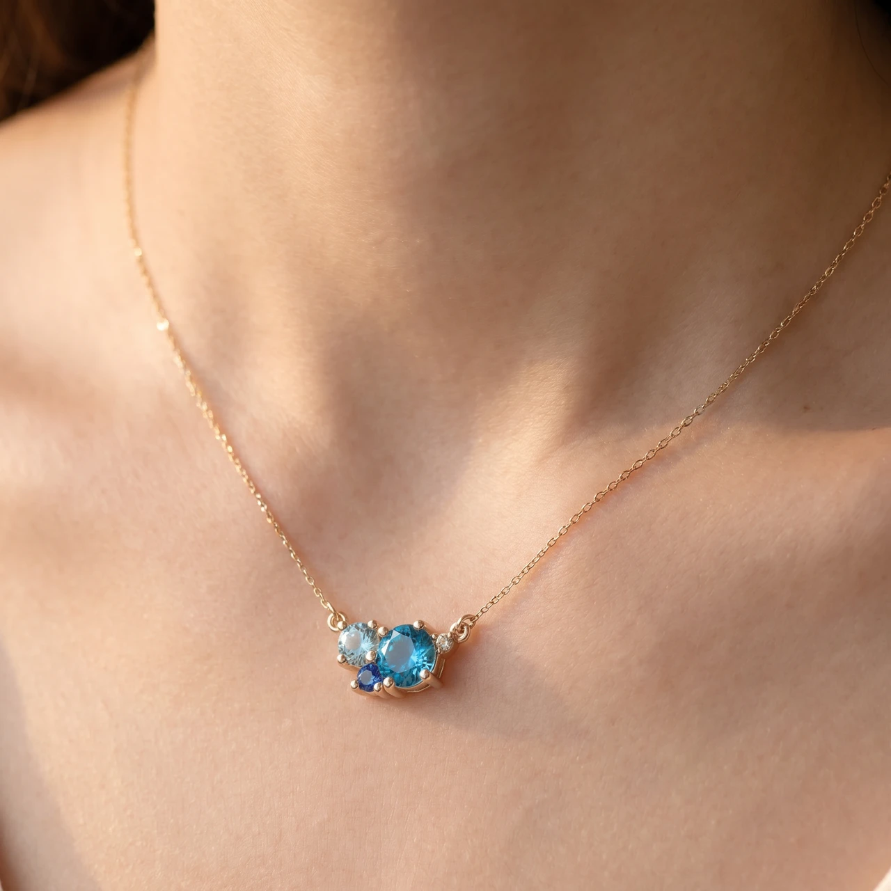 3Ct Blue Sapphire Topaz Aquamarine Diamond Pendant Necklace 14k Gold Lab Grown (G-H, VS)