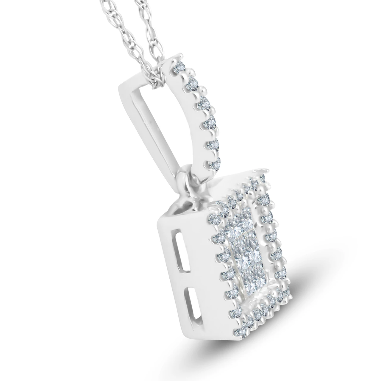 3/8 cttw Princess Cut Pave Diamond Halo Pendant 10K White Gold 3/4" Tall (J-K, I2-I3)