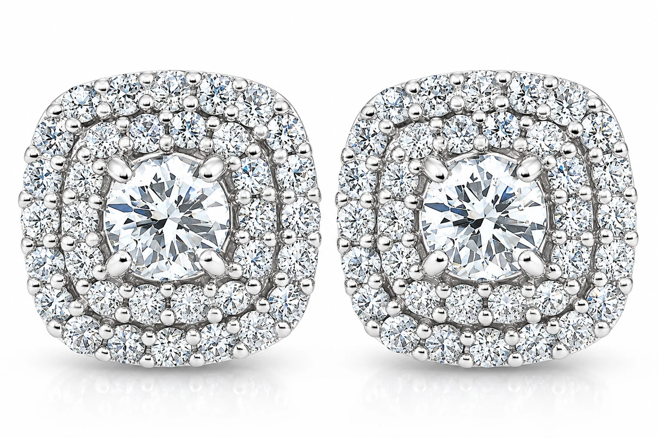 1/2 Ct TDW Genuine Diamond Cushion Halo Studs 1/3" (F-G, VS)