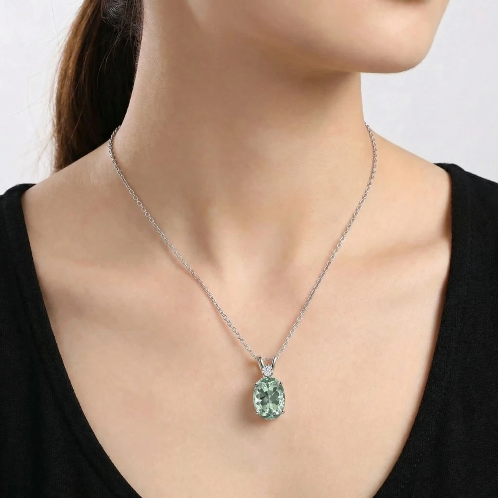 Oval Green Amethyst Diamond Pendant Women's Necklace 18" White Gold (G-H, I1)
