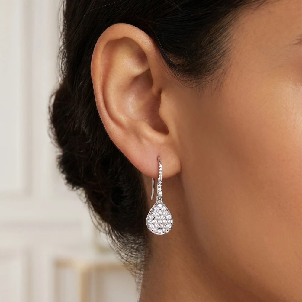 1 1/8ct Lab Grown Diamond Hoops Dangle Pear Shape 18K White Gold 1 1/4" Tall (G-H, VS)