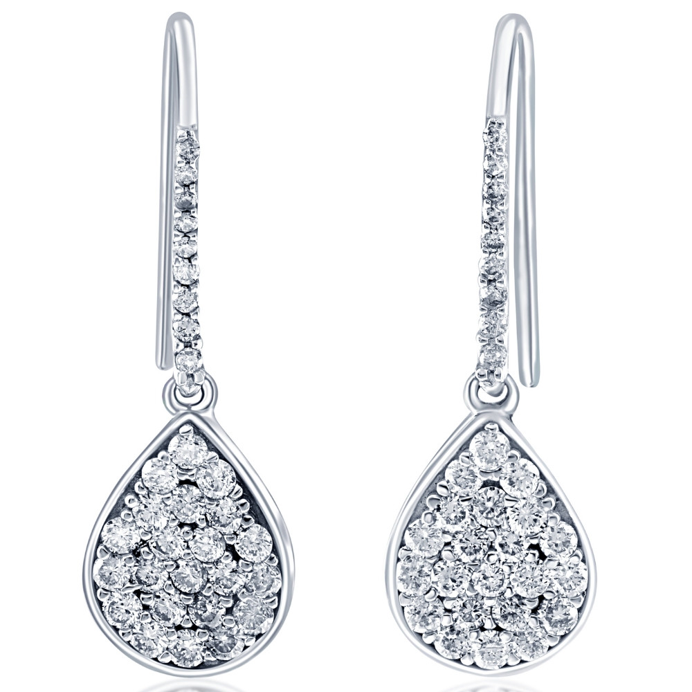1 1/8ct Lab Grown Diamond Hoops Dangle Pear Shape 18K White Gold 1 1/4" Tall (G-H, VS)