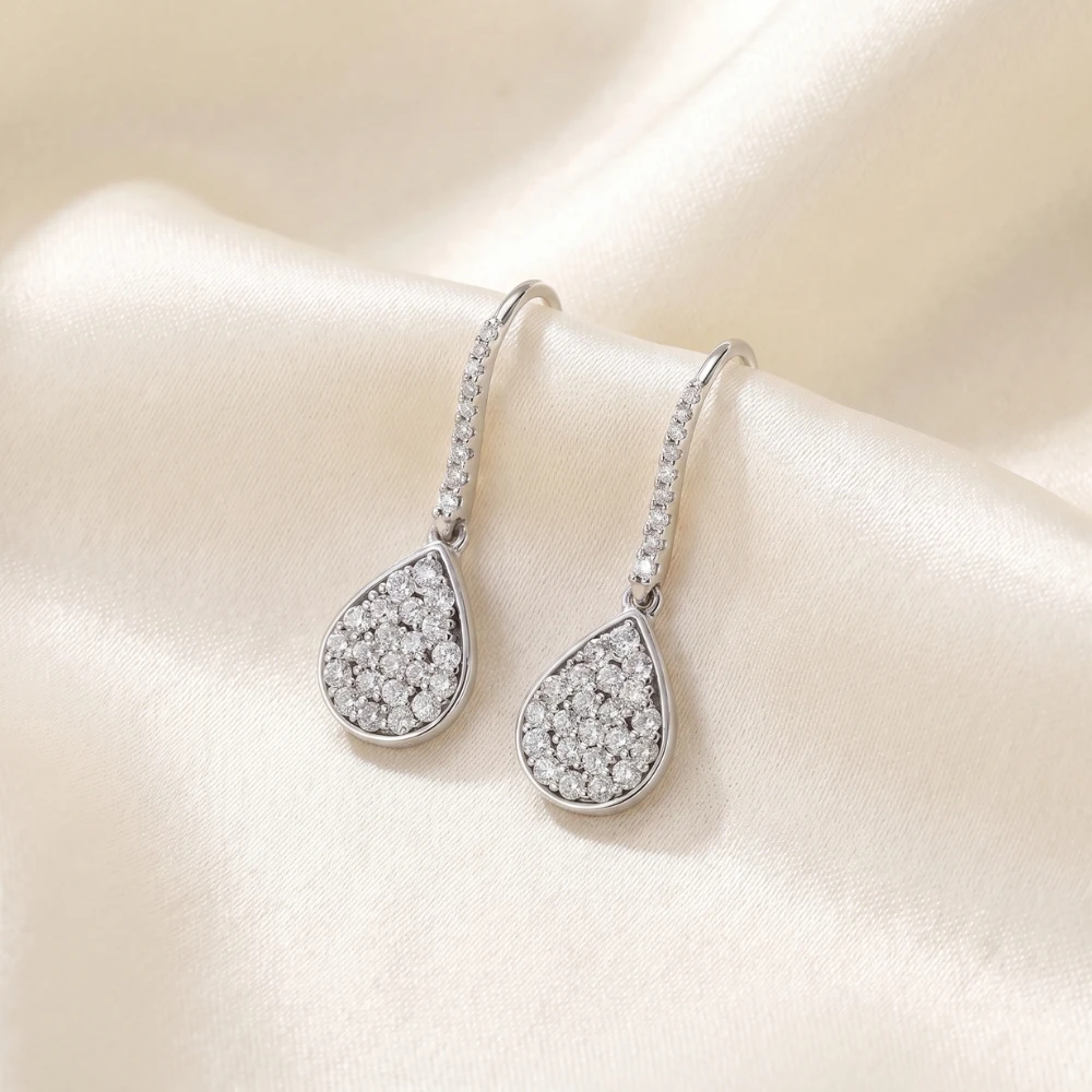 1 1/8ct Lab Grown Diamond Hoops Dangle Pear Shape 18K White Gold 1 1/4" Tall (G-H, VS)