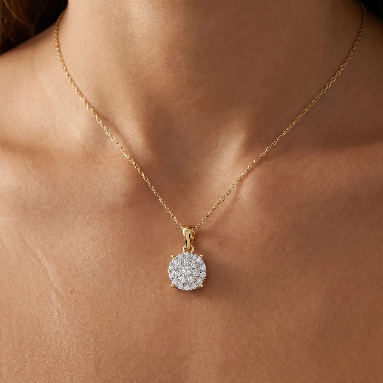 3/8Ct TW Diamond Halo 9mm Round Pendant Yellow Gold Women's Necklace 18" (G-H, VS)