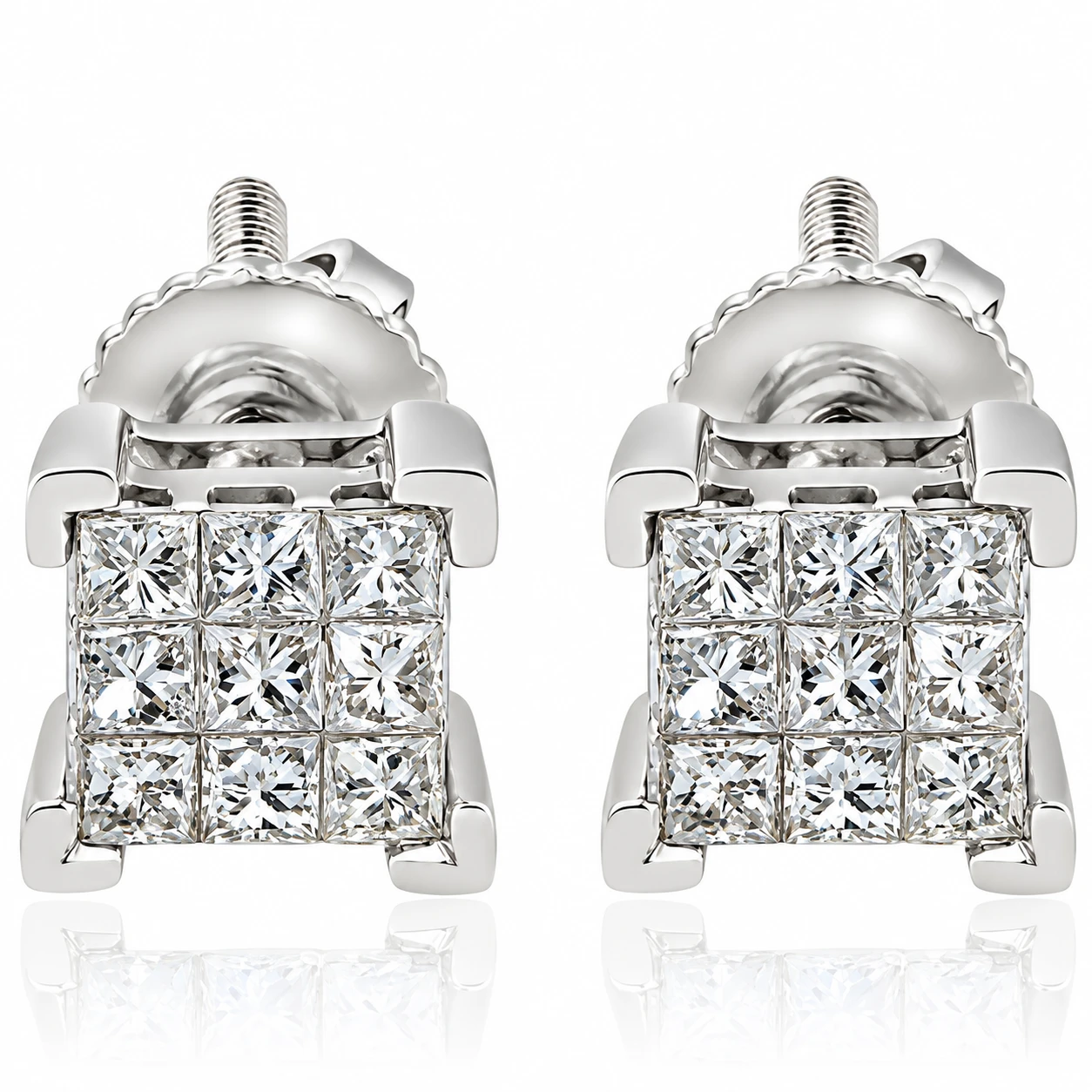 1/3ct Diamond Princess Cut Screw Back Studs Womens Earrings 10k White Gold 5.5mm (I-J, I2-I3)