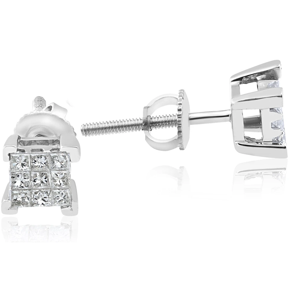 1/3ct Diamond Princess Cut Screw Back Studs Womens Earrings 10k White Gold 5.5mm (I-J, I2-I3)