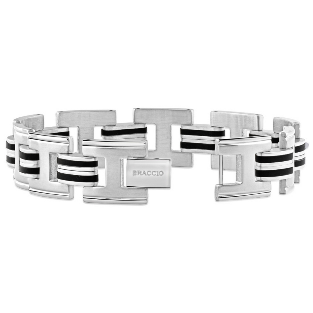Men's Steel And Black Striped Two Tone 15mm Wide Link Flexible 8" Bracelet