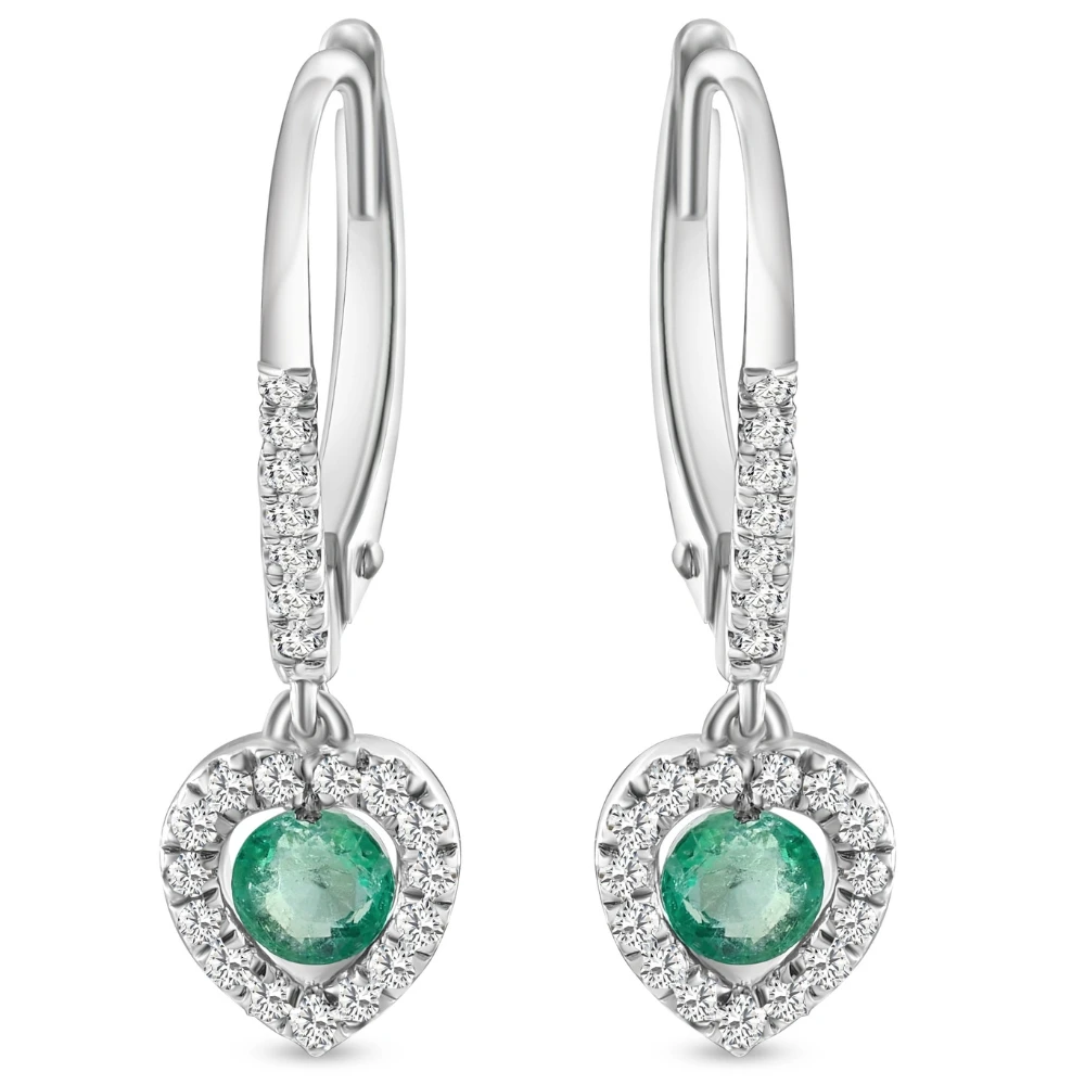 5/8Ct TW Emerald Lever Back Dangle Hoops White Gold Heart Earrings 3/4" Tall (H-I, I1)
