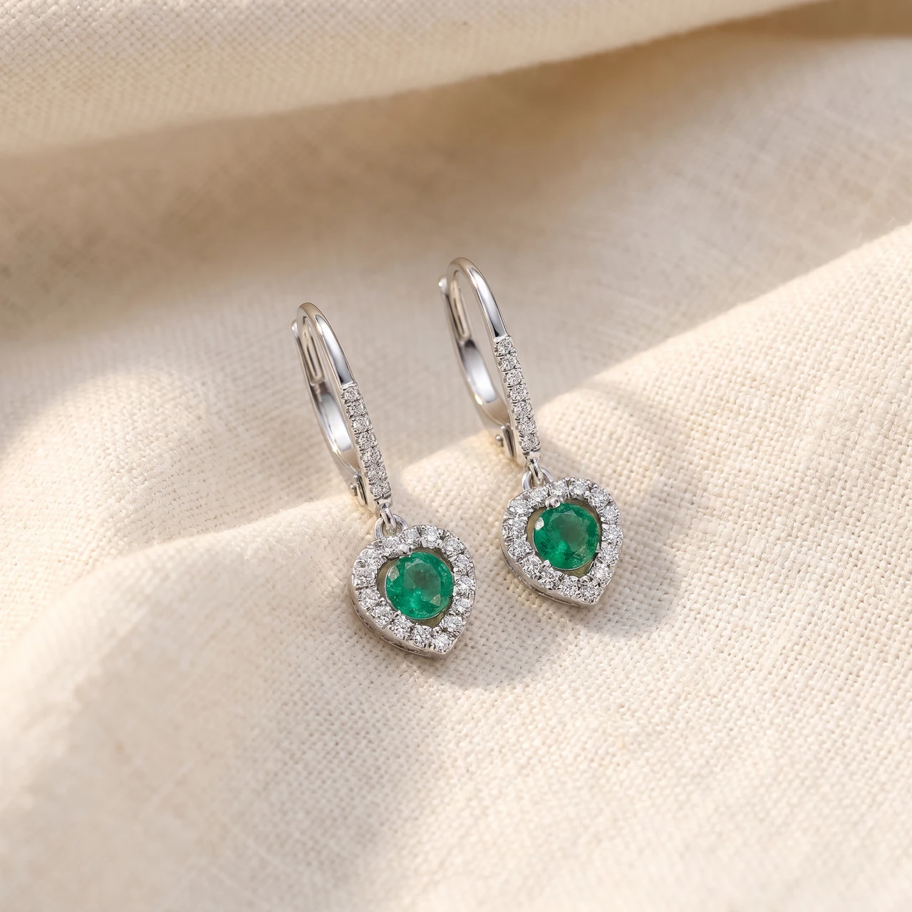 5/8Ct TW Emerald Lever Back Dangle Hoops White Gold Heart Earrings 3/4" Tall (H-I, I1)