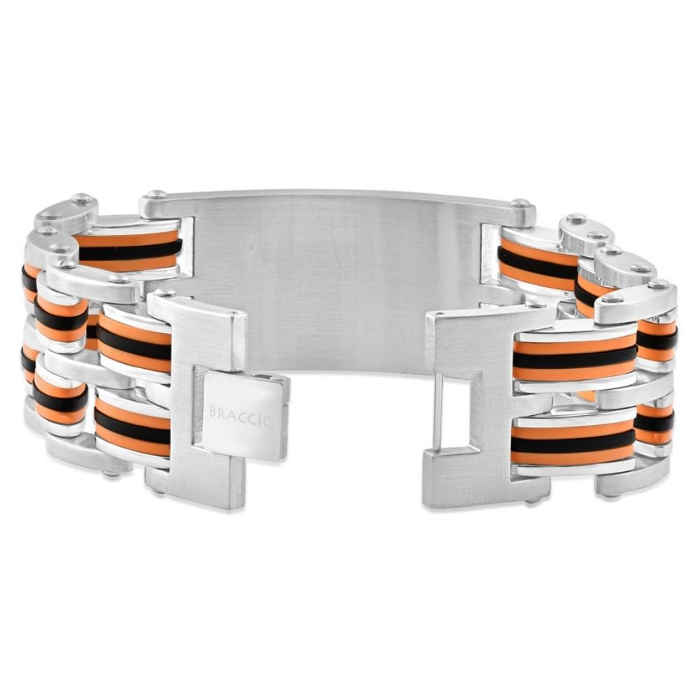 Men's Steel Brushed Orange And Black Three Tone 24mm Link Flexible 8 " Bracelet