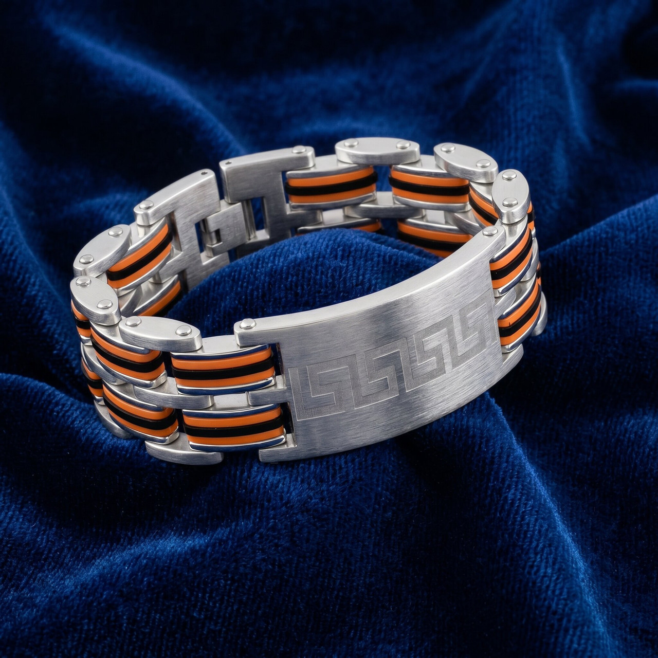 Men's Steel Brushed Orange And Black Three Tone 24mm Link Flexible 8 " Bracelet