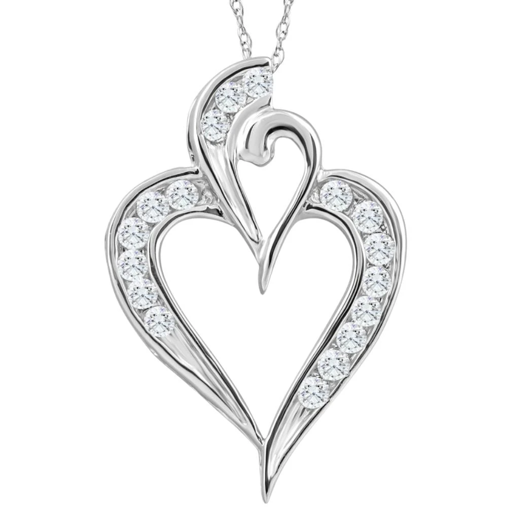 10K White Gold 1/2Ct TW Real Diamond Heart Pendant Necklace 1" Tall (G-H, I2-I3)