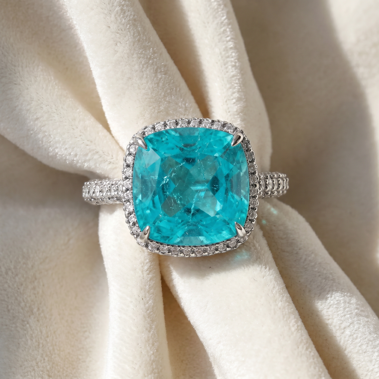 9.50Ct TW Cushion Paraíba & Pave Diamond Ring 14k White Gold Lab Grown (E-F, VS)
