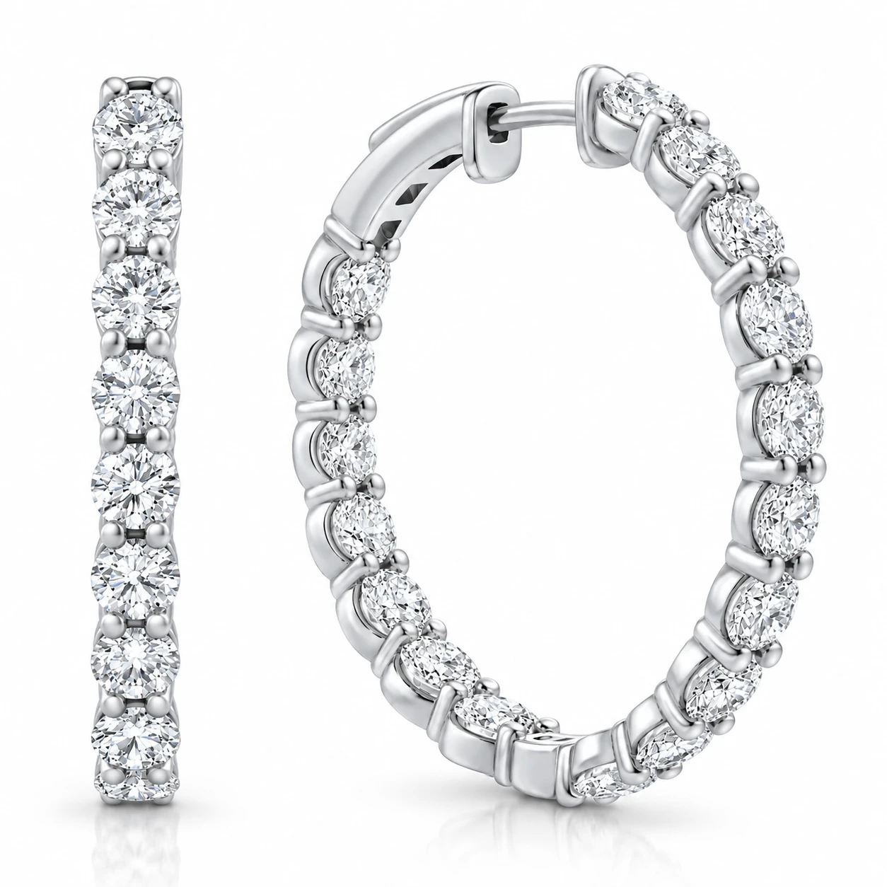 7Ct TW Round Diamond Inside Outside Hoops Vault Lock 14k White Gold Lab Grown (E-F, VS)