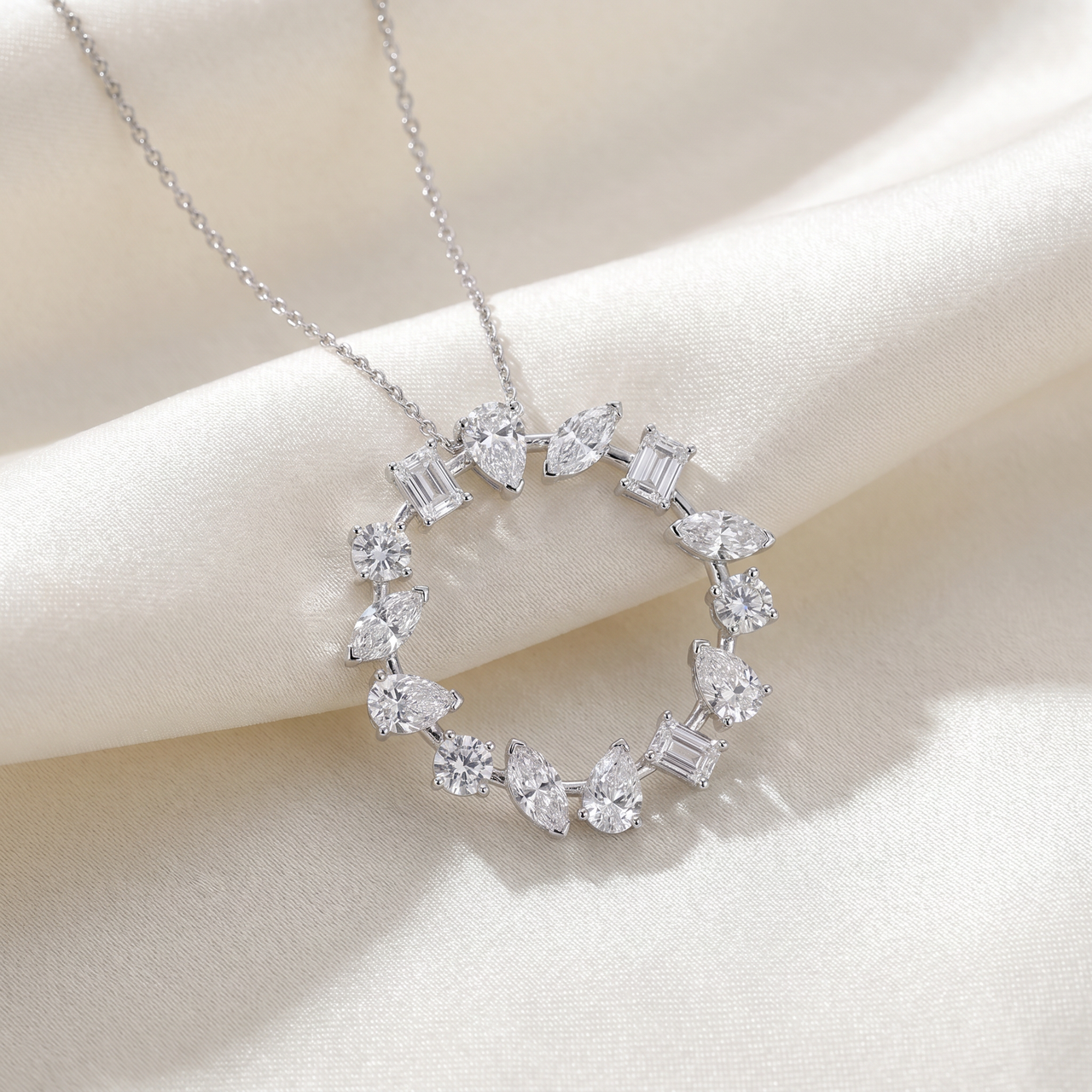 3Ct Multi Shape Ferra Diamond Circle Pendant 14k Gold Lab Grown Necklace 18" (E-F, VS)