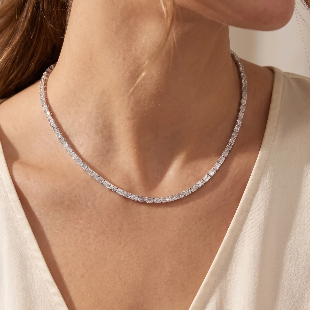 34Ct Emerald Cut Diamond Tennis Necklace Lab Grown 14k White Gold 18" (F-G, VS)