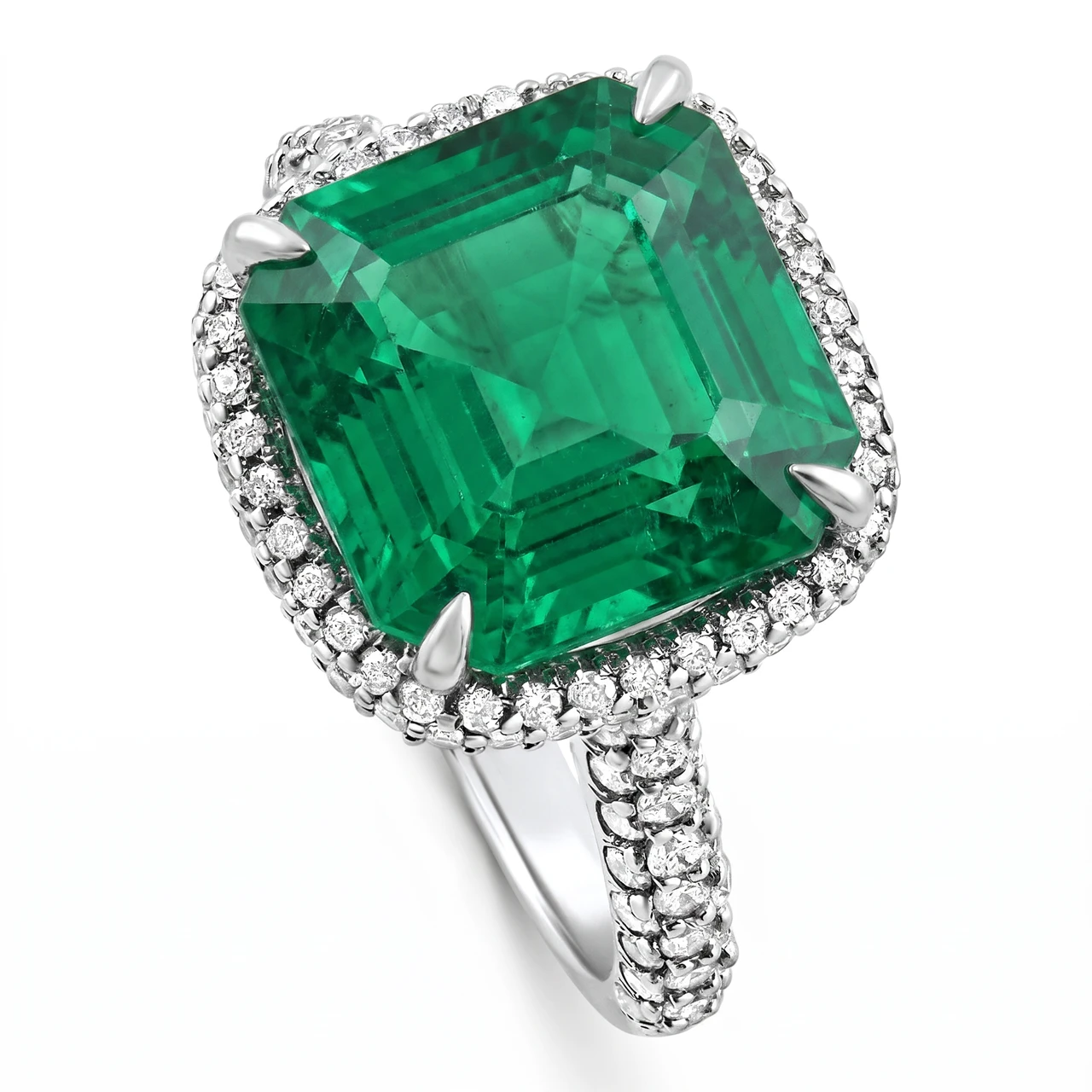 5.50Ct TW Emerald Asscher Cut & Pave Diamond Ring 14k White Gold Lab Grown (E-F, VS)