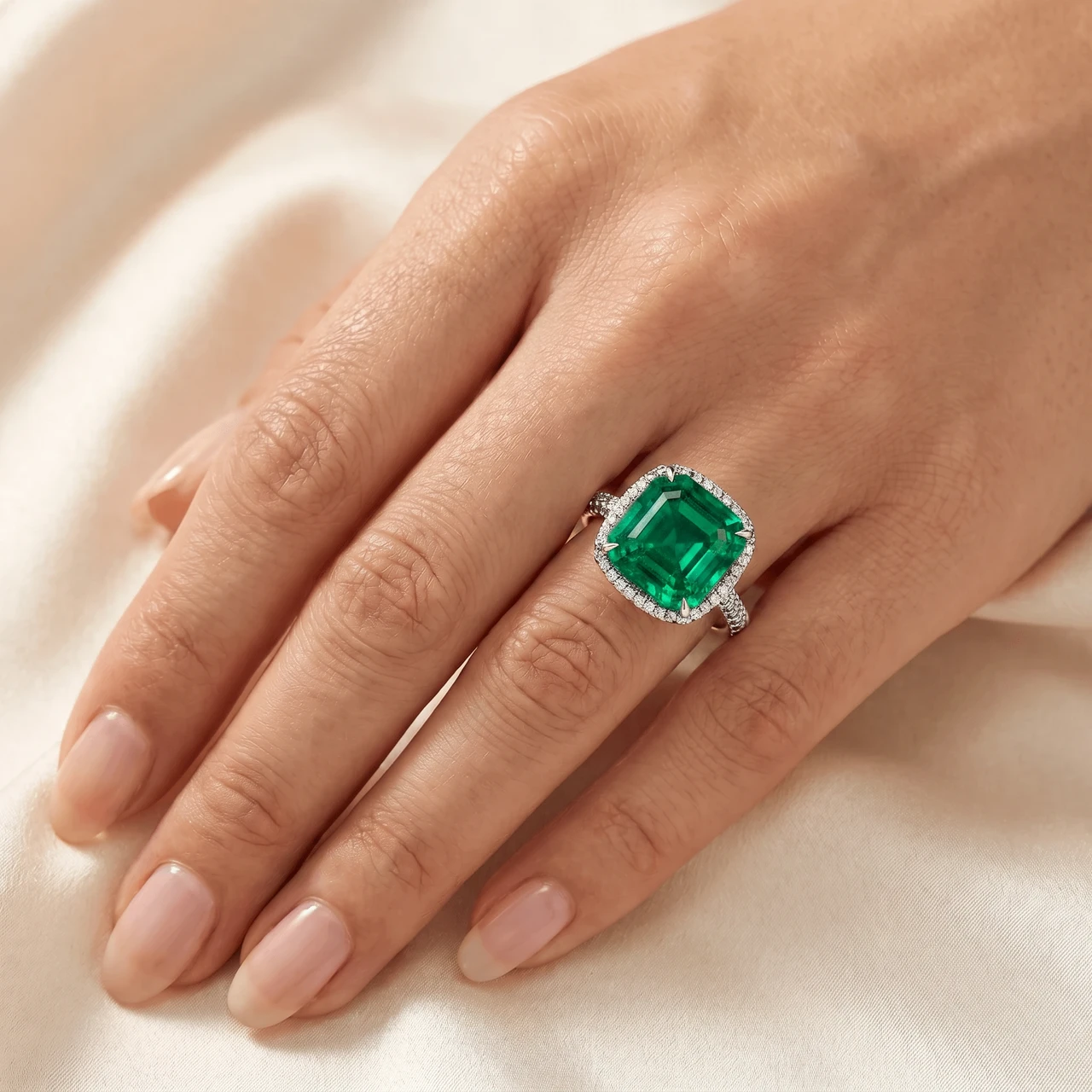 5.50Ct TW Emerald Asscher Cut & Pave Diamond Ring 14k White Gold Lab Grown (E-F, VS)