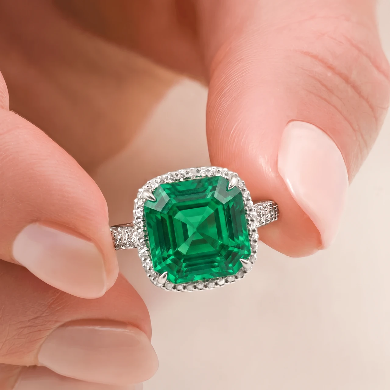 5.50Ct TW Emerald Asscher Cut & Pave Diamond Ring 14k White Gold Lab Grown (E-F, VS)