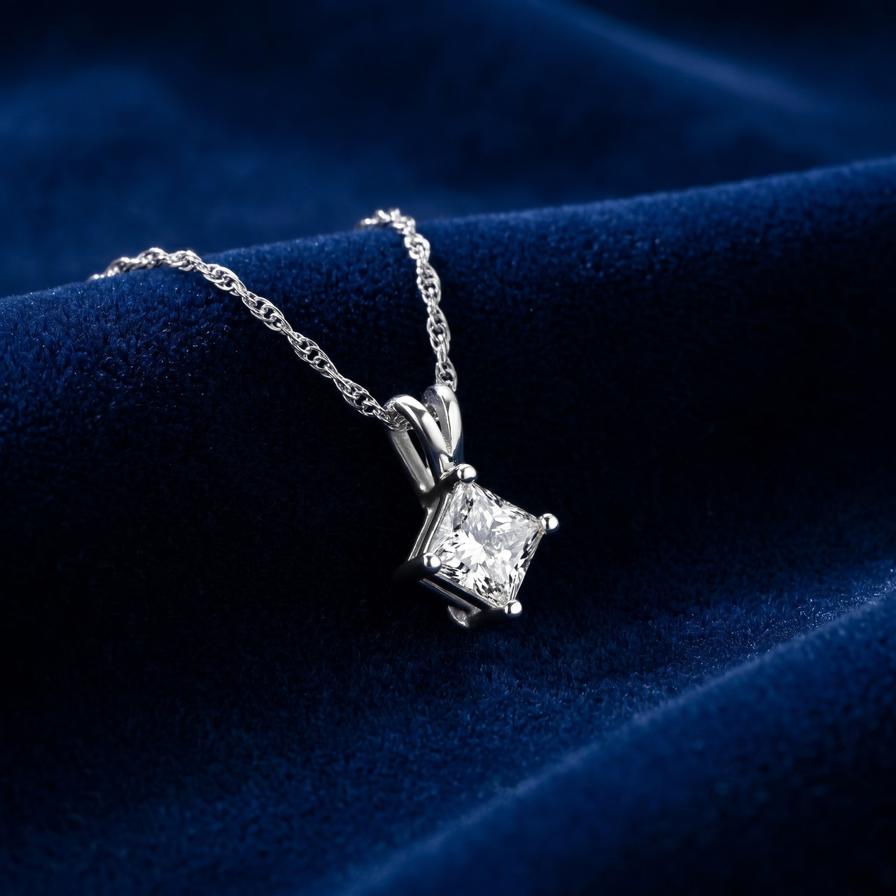 1/3Ct Princess Cut Solitaire Diamond 14K White Gold Pendant & Chain (J-K, I2-I3)