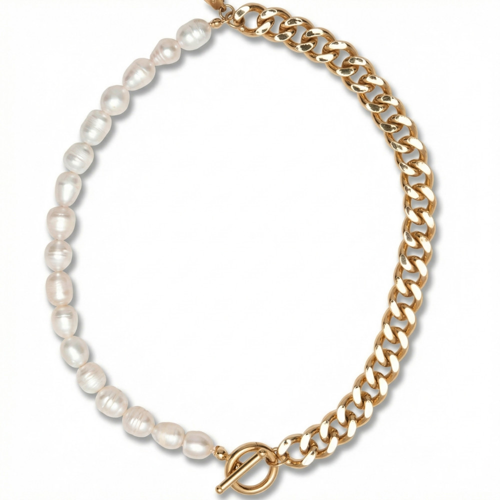 18k Yellow Gold Plated Fresh Water Pearl And Curb Link Necklace 18" Toggle Clasp