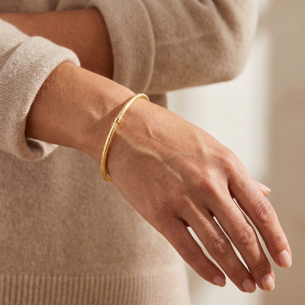 18K Gold Plated Silver Textured 3mm Slip-On Bangle Bracelet