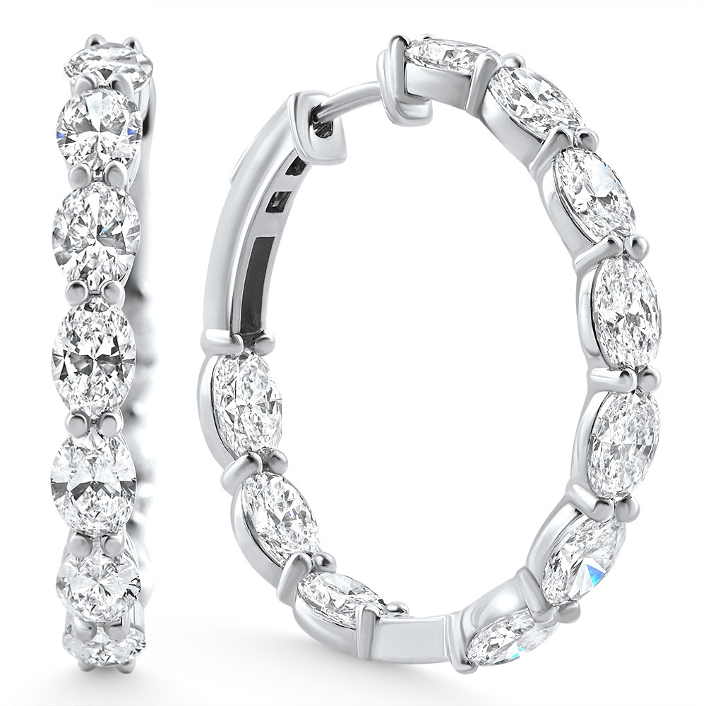 3Ct TW Oval Diamond Inside Outside Hoops Vault Lock 14k White Gold Lab Grown (E-F, VS)