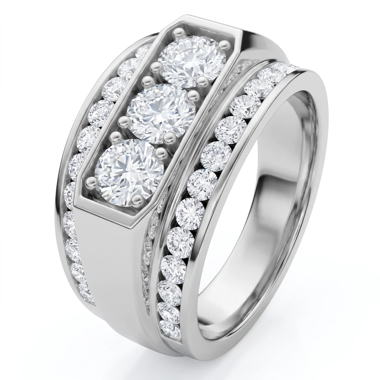 Men's 2Ct Diamond Three Stone With Accents Wedding Ring 14k Gold Lab Grown (F-G, VS2-SI1)