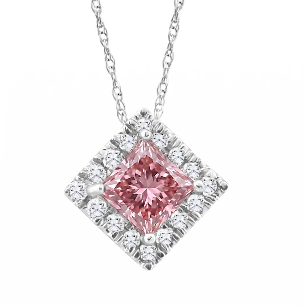 Certified 1.60Ct Princess Pink Diamond Lab Grown Pendant White Gold 18" Necklace (Pink, VS)