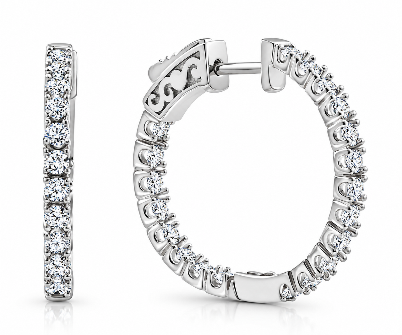 2Ct Lab Diamond Hoops Inside Outside 1 1/3" Silver Earrings (G-H, VS)