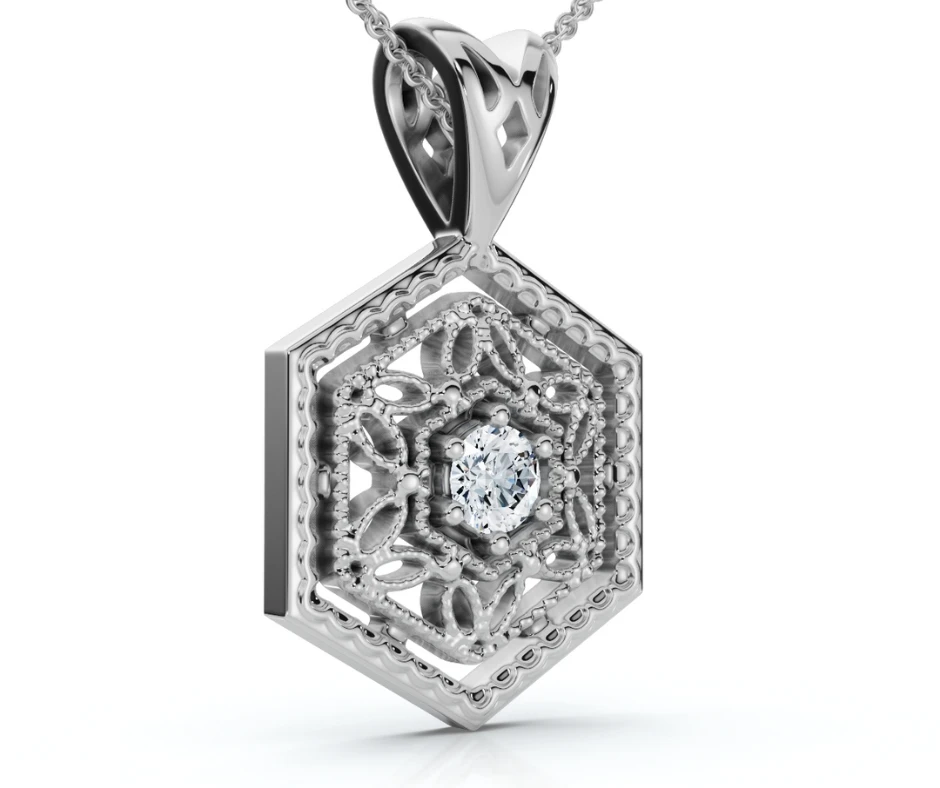Solitaire EX3 Lab Grown Diamond Vintage Pendant 14K White Gold 17.65mm (G-H, SI)
