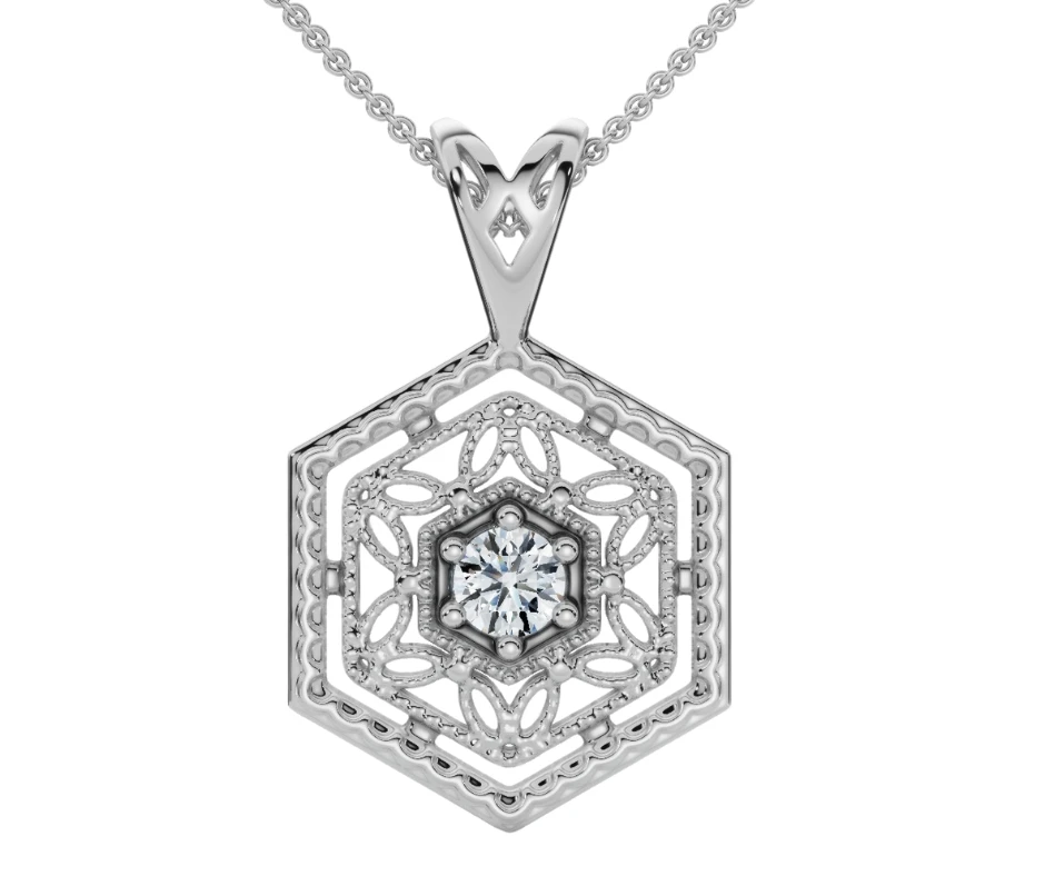 Solitaire EX3 Lab Grown Diamond Vintage Pendant 14K White Gold 17.65mm (G-H, SI)