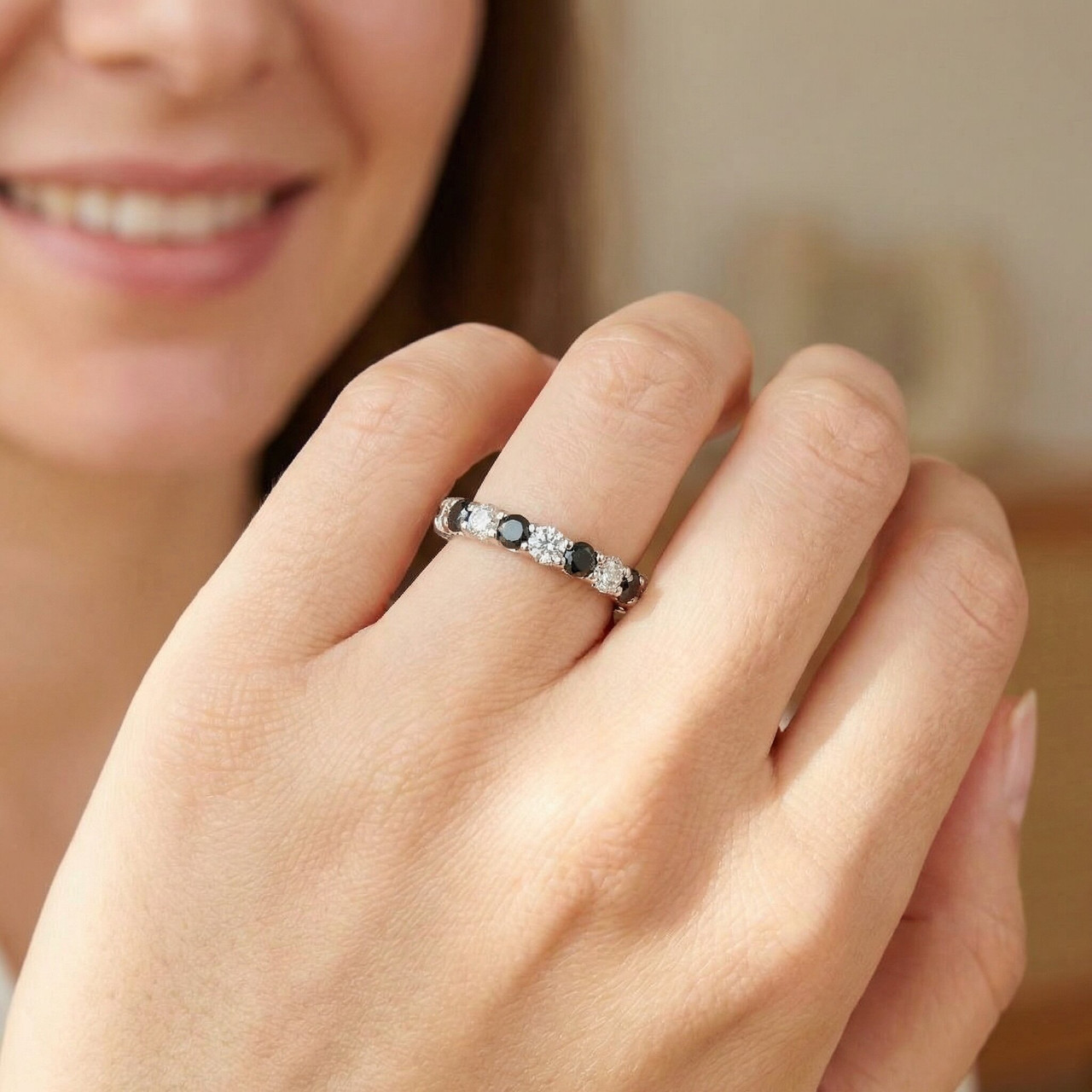 2ct Black & White Diamond Eternity Ring 14K White Gold U Shape Setting (G-H, SI)