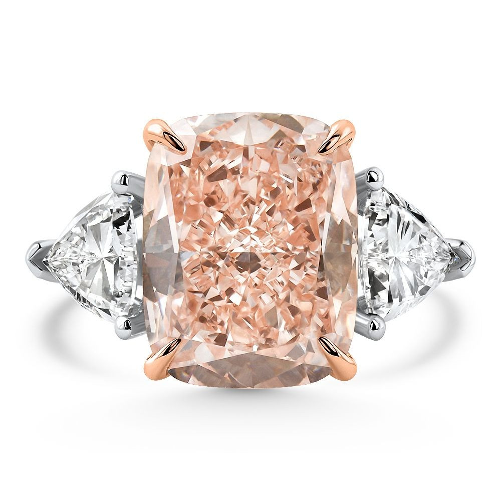 Certified 11.50Ct Cushion Pink Diamond & Trillion 3Stone Ring 14k Gold Lab Grown (F-G, VS)