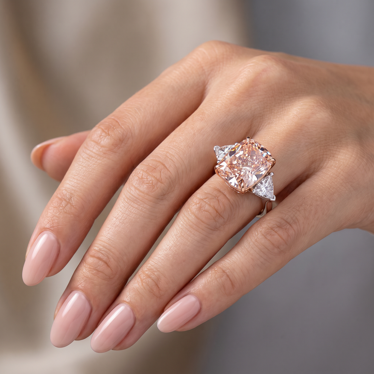 Certified 11.50Ct Cushion Pink Diamond & Trillion 3Stone Ring 14k Gold Lab Grown (F-G, VS)