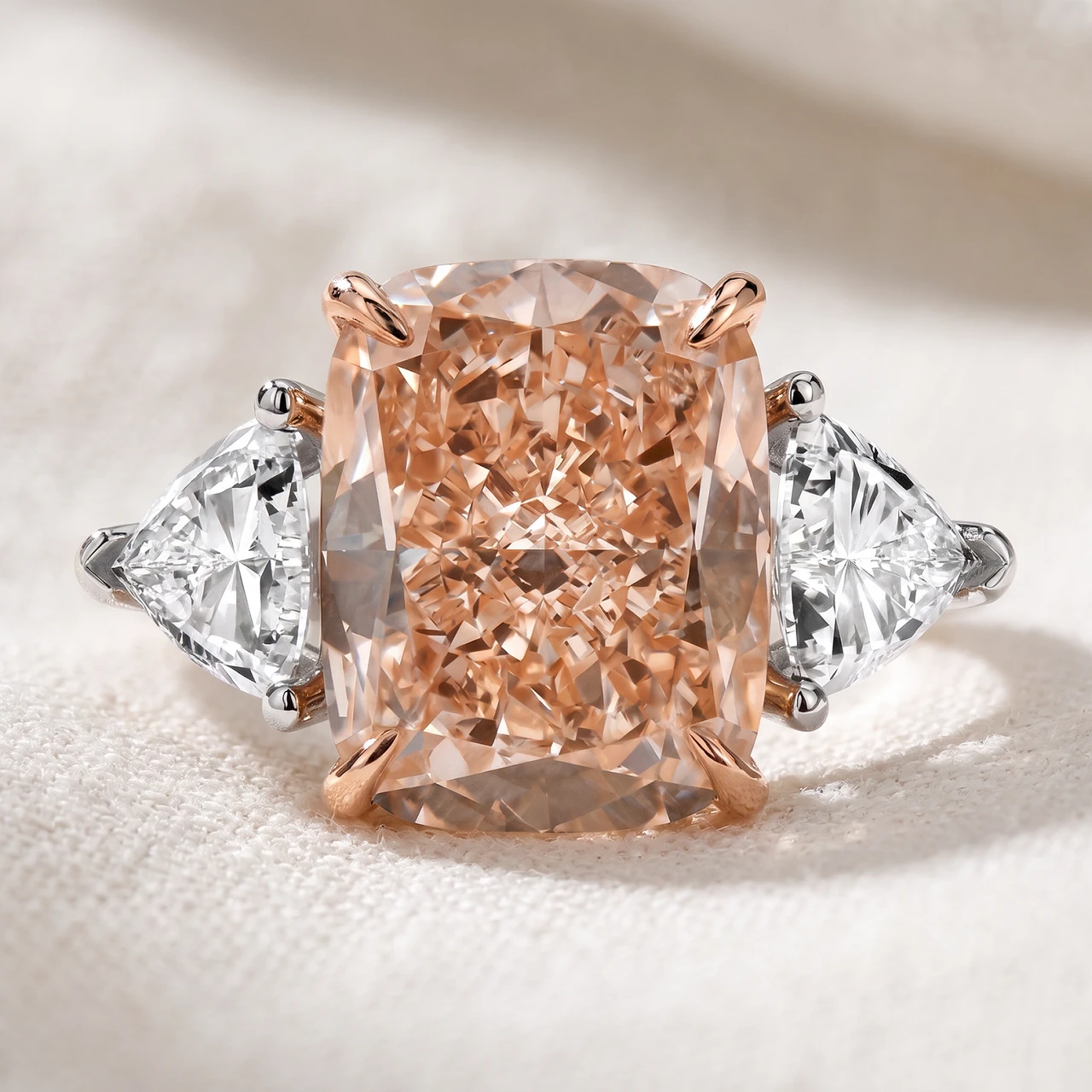 Certified 11.50Ct Cushion Pink Diamond & Trillion 3Stone Ring 14k Gold Lab Grown (F-G, VS)