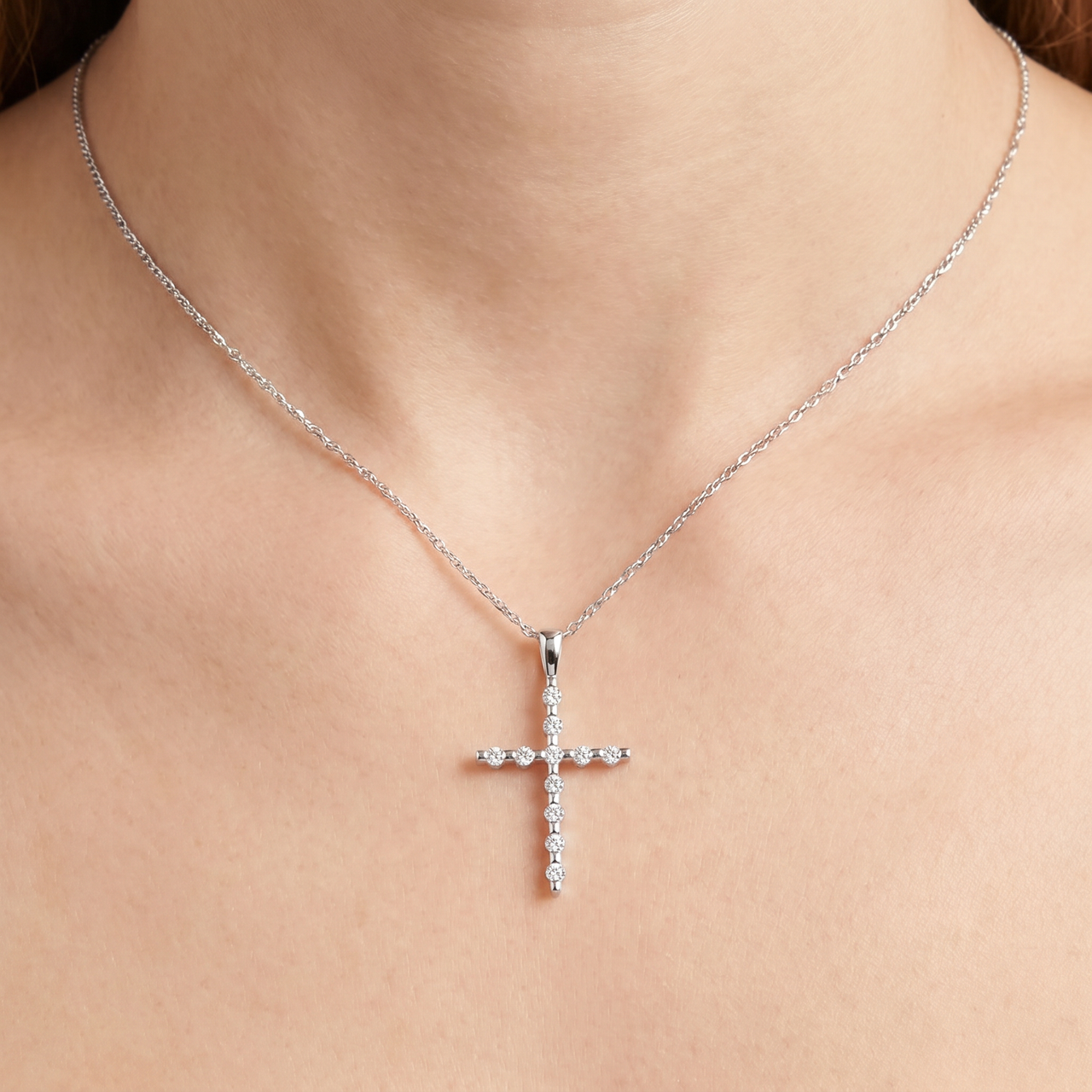 1/5Ct Diamond Cross Pendant 10k White Gold 18" 10k Gold Necklace (H-I, I2-I3)