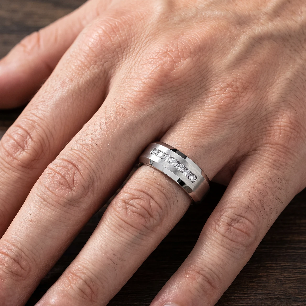 Men's 5/8Ct Diamond 8MM Comfort Fit Matte Wedding Ring Titanium Beveled Band (E-F, VS)