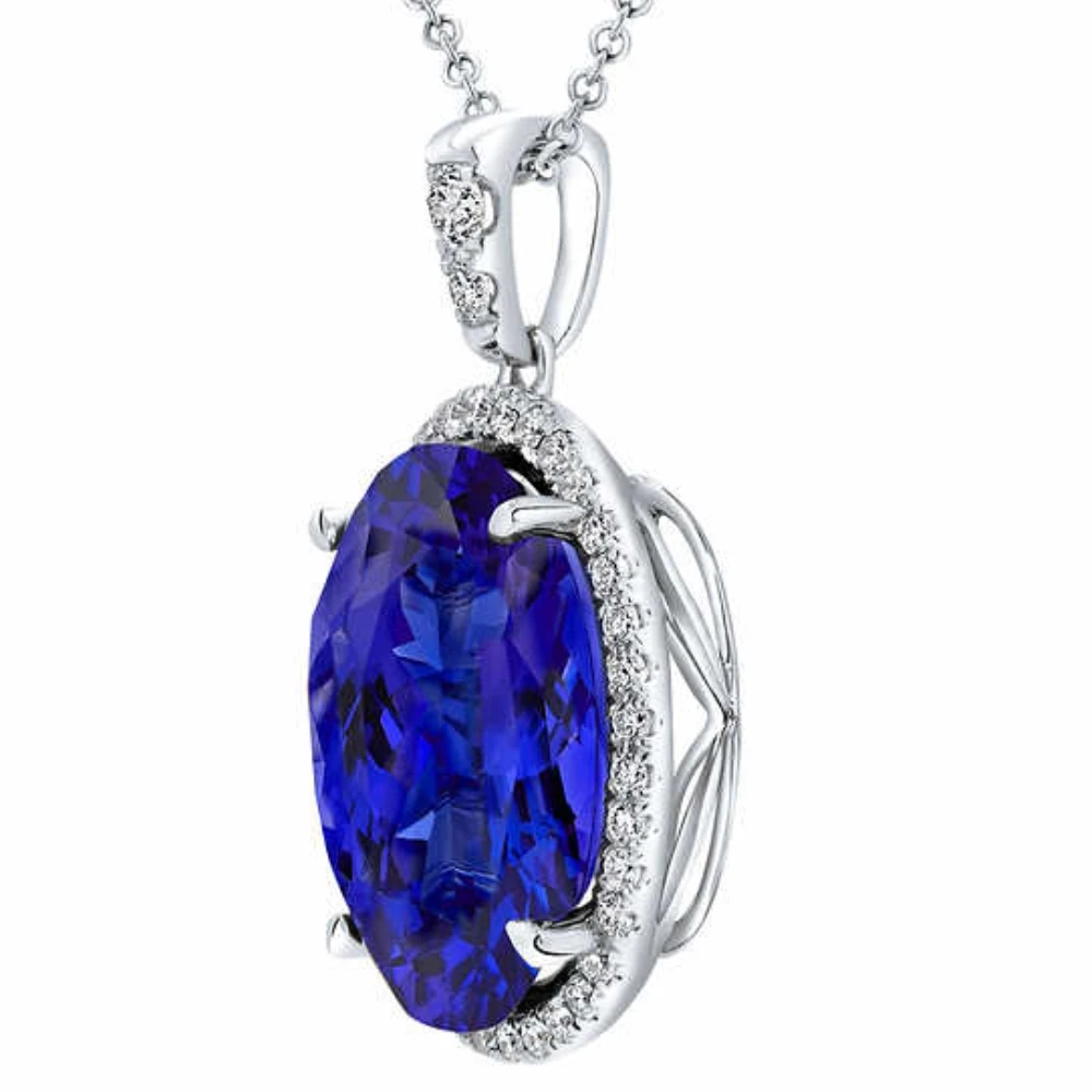 5 Ct TW Oval Tanzanite & Lab Grown Diamond Halo Pendant 14k White Gold Necklace (G-H, VS)