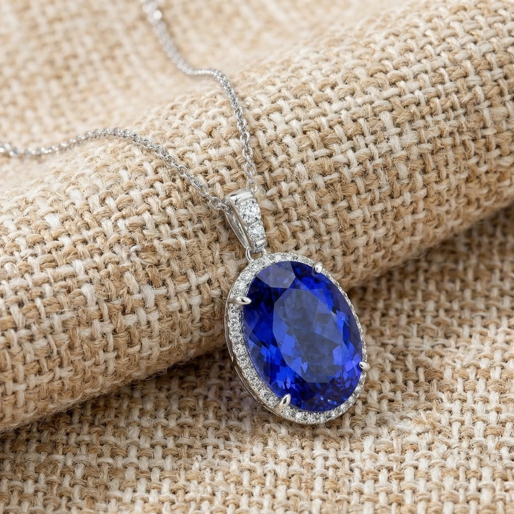 5 Ct TW Oval Tanzanite & Lab Grown Diamond Halo Pendant 14k White Gold Necklace (G-H, VS)