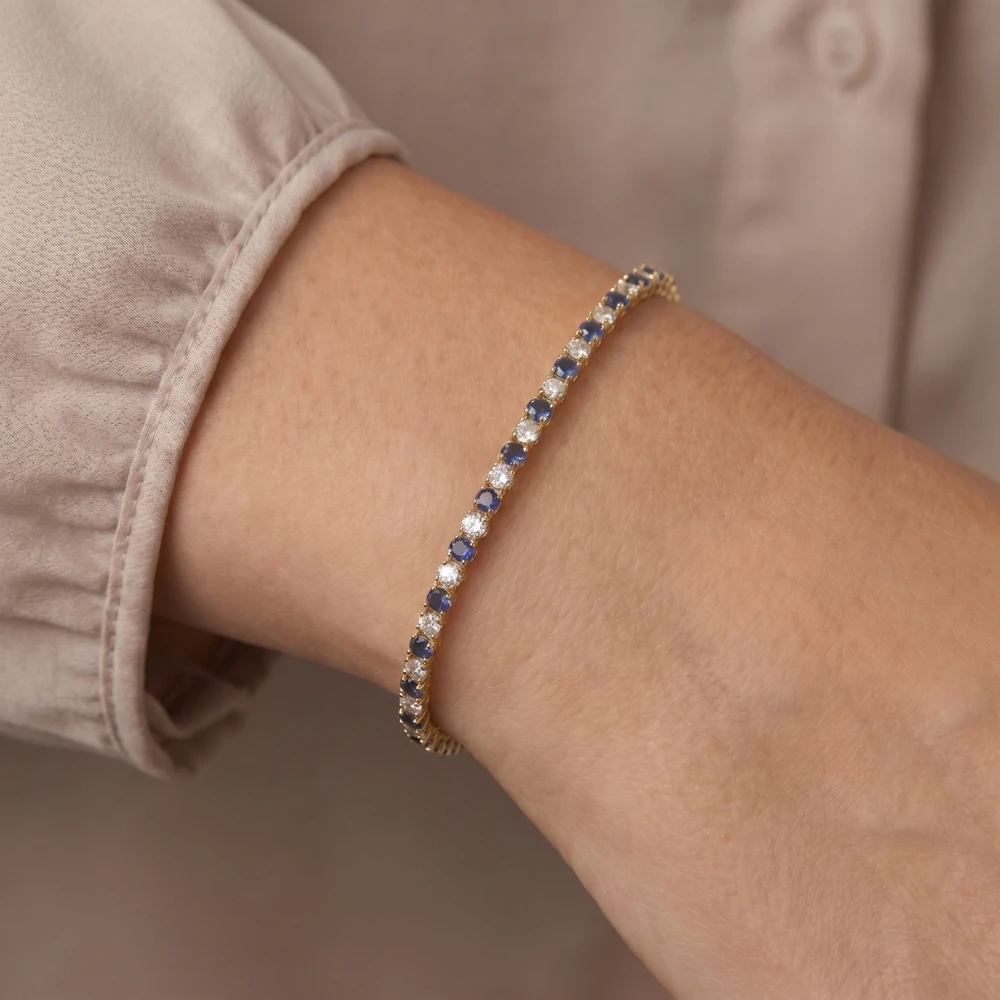 5ct Blue Sapphire & Diamond Genuine Tennis Bracelet 14K Yellow Gold (G-H, I2-I3)
