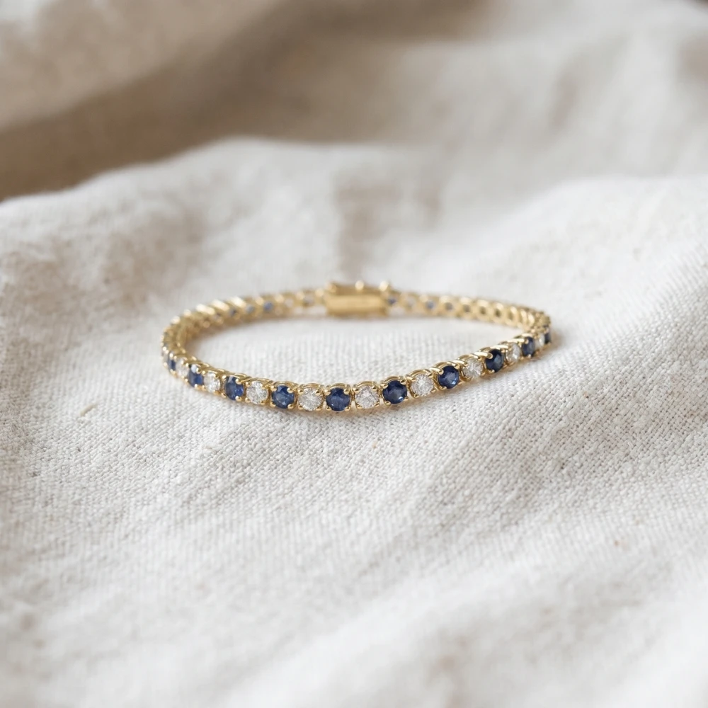 5ct Blue Sapphire & Diamond Genuine Tennis Bracelet 14K Yellow Gold (G-H, I2-I3)