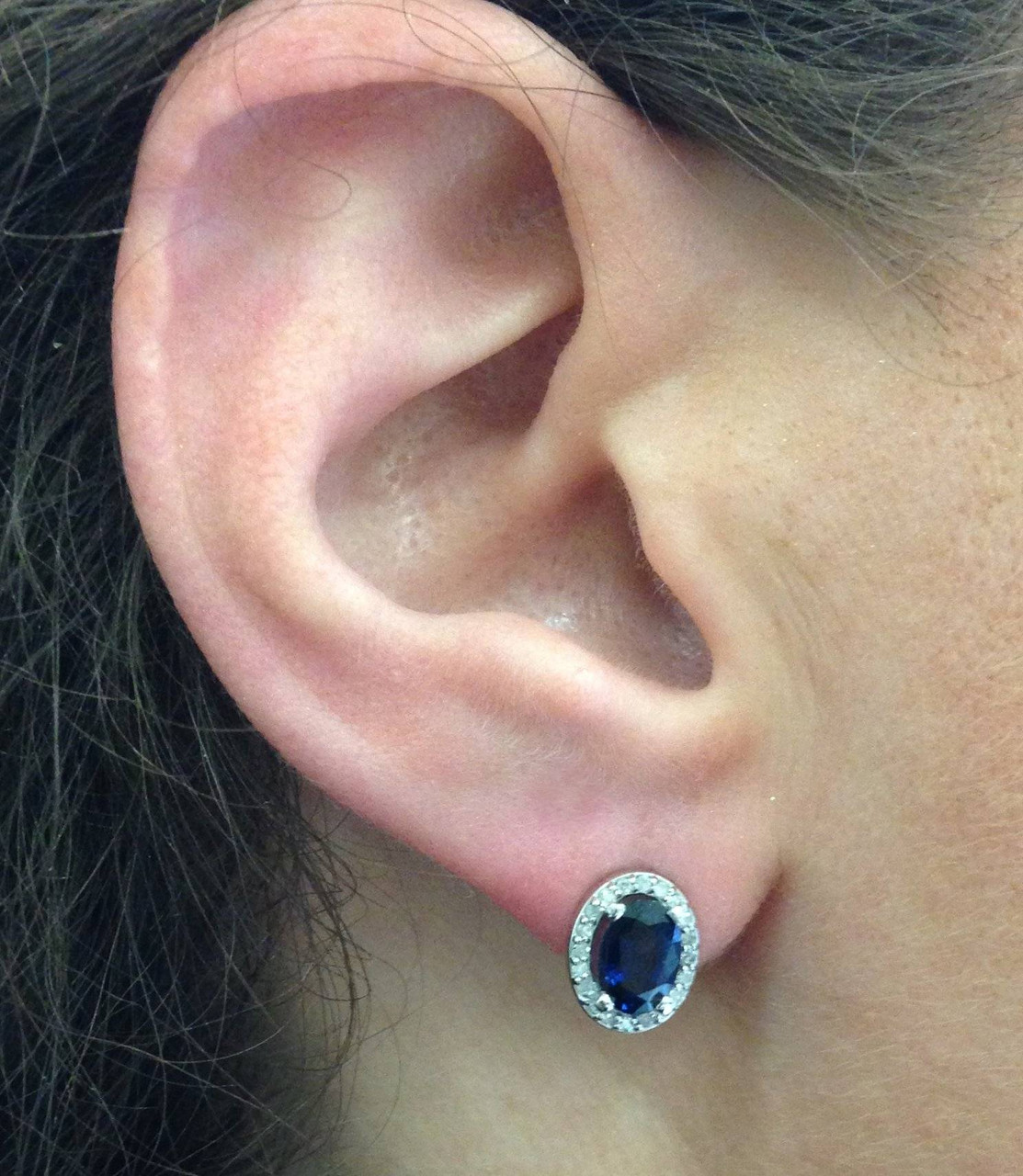 2 1/4ct Blue Sapphire Diamond Halo Studs 14K White Gold (G-H, I2-I3)