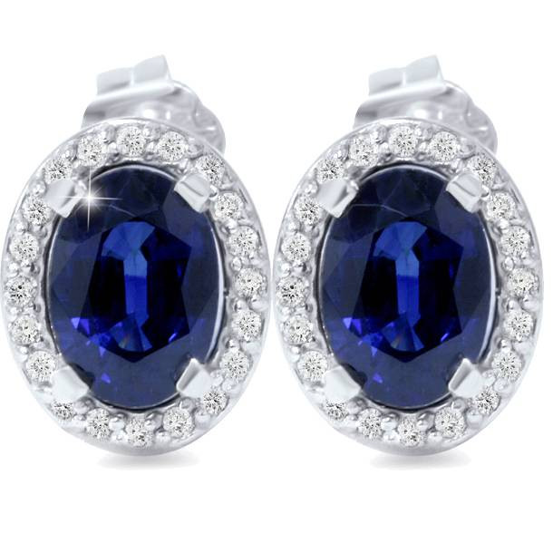 2 1/4ct Blue Sapphire Diamond Halo Studs 14K White Gold (G-H, I2-I3)