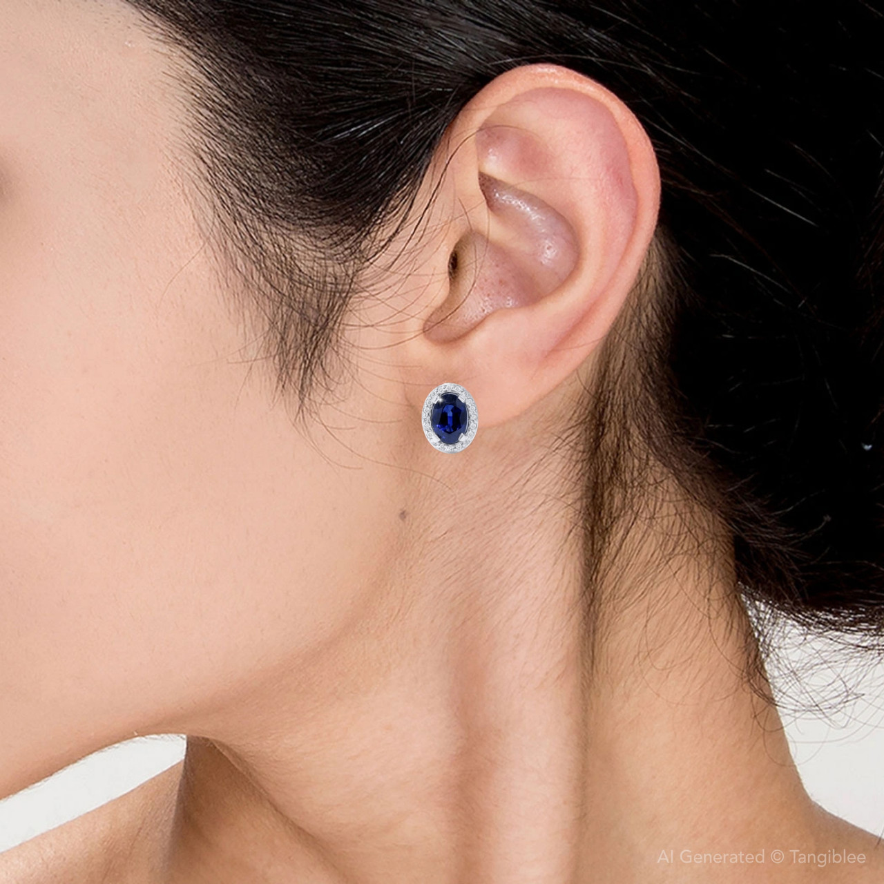 2 1/4ct Blue Sapphire Diamond Halo Studs 14K White Gold (G-H, I2-I3)