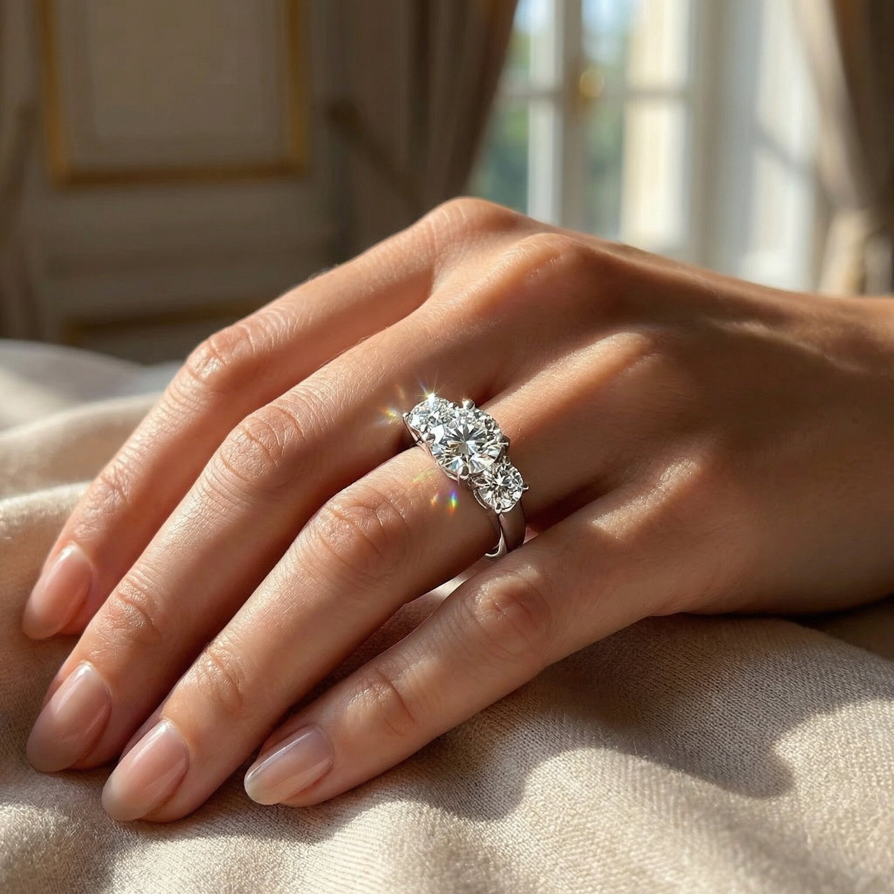 2 1/2ct Three Stone Large Diamond Engagement Ring 14K White Gold (G-H, SI)