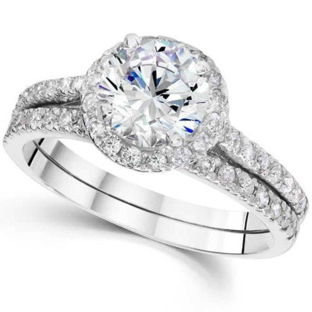 1 1/3ct Round Diamond Halo Engagement Ring Set 14K White Gold Lab Grown (F-G, VS)